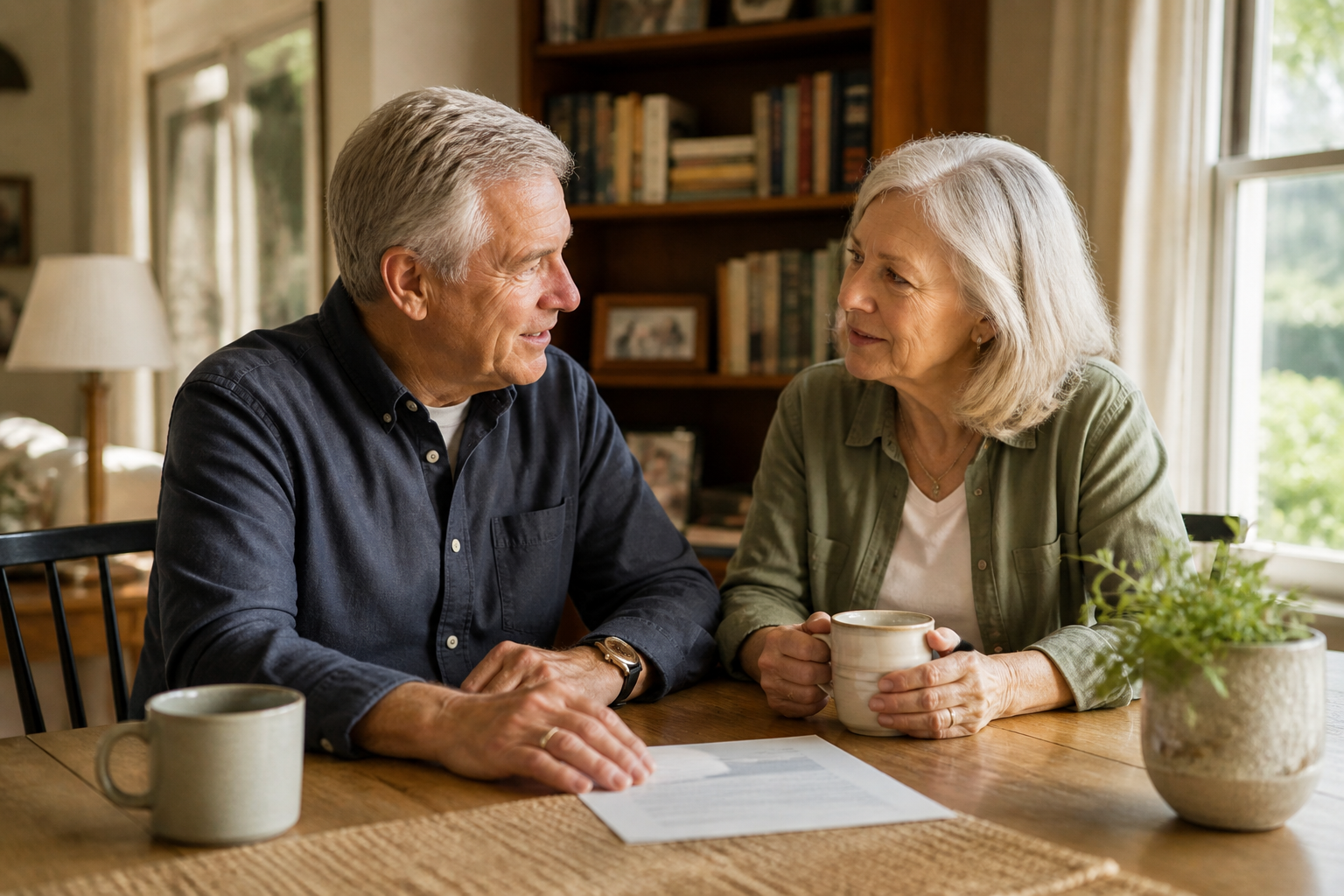 Older couple reviewing reverse mortgage documents at home kitchen table