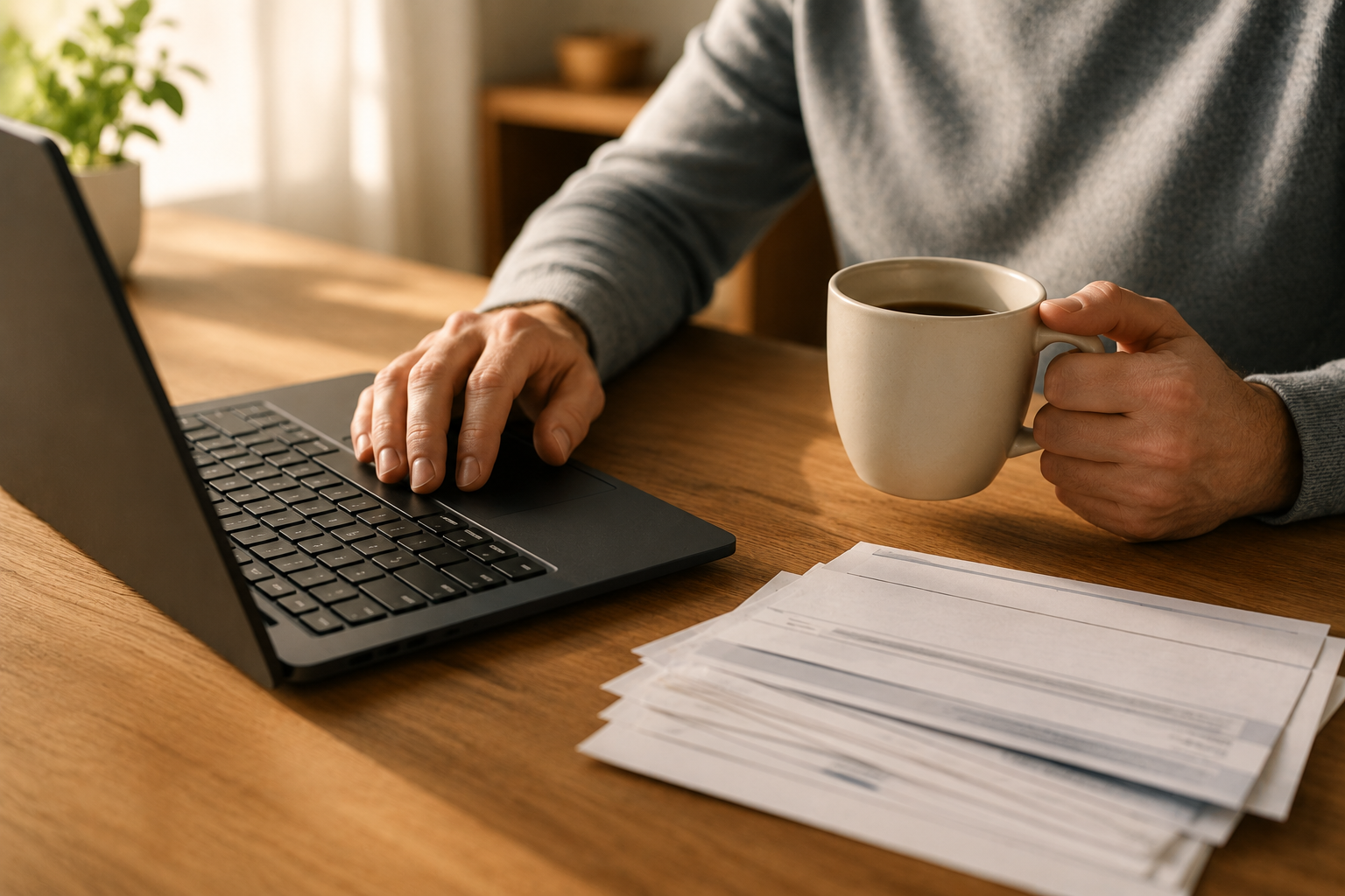 Self-employed professional reviewing bank statements at a home office desk