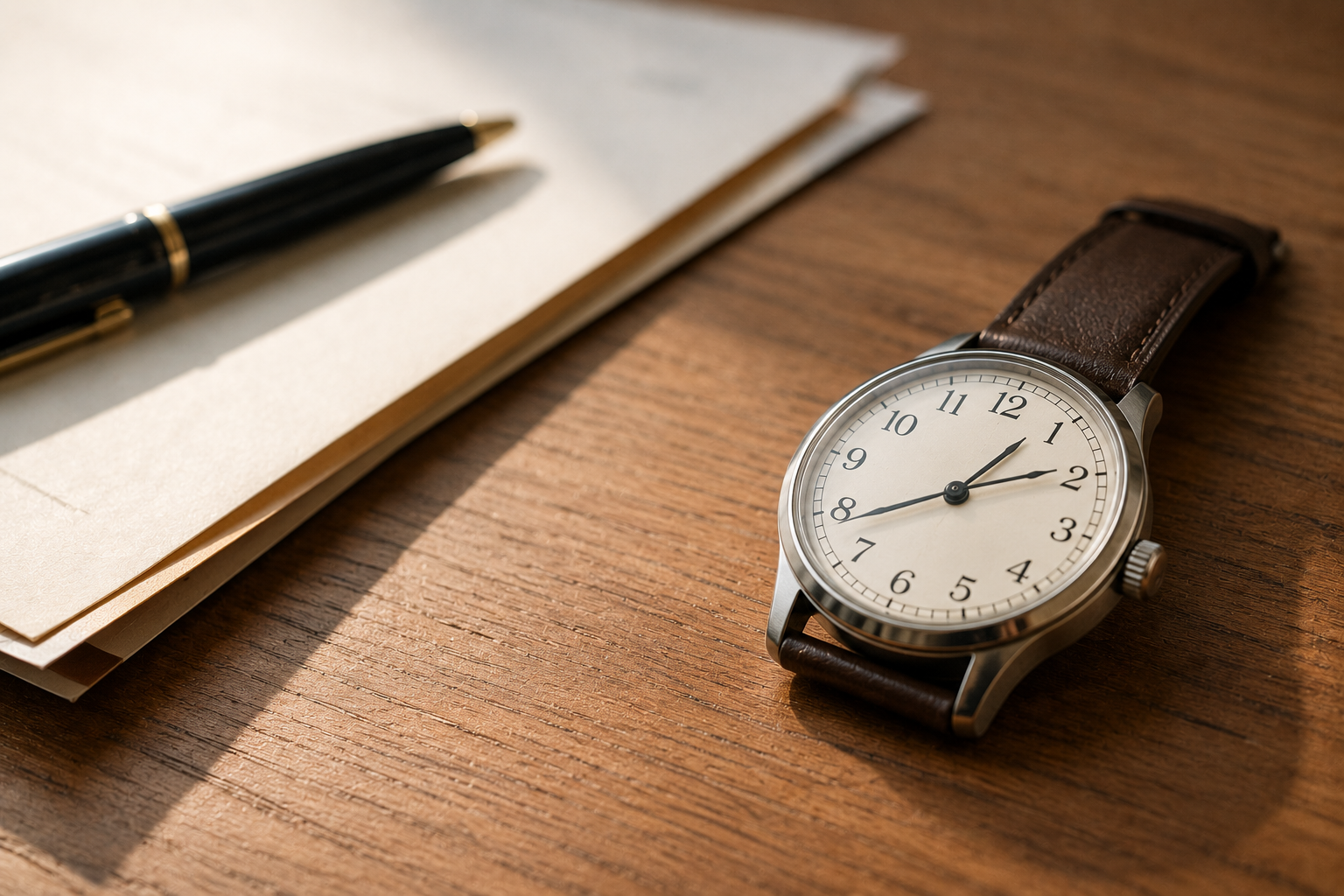 Clock and mortgage documents on a desk representing the decision to buy now or wait