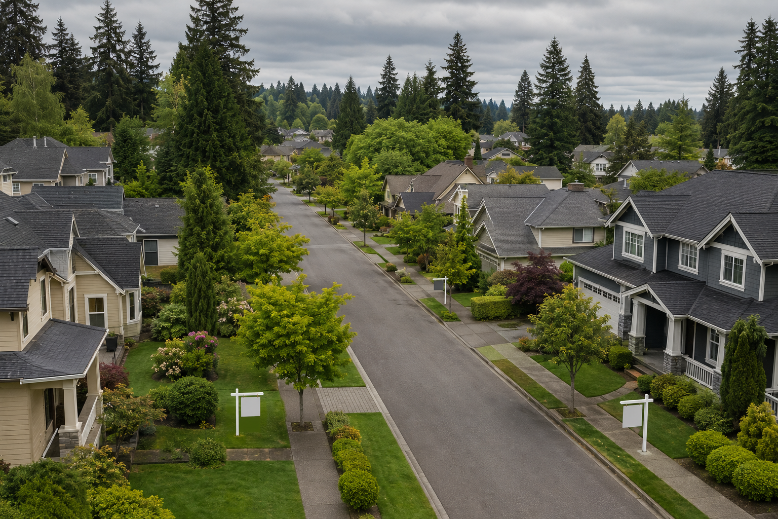 Aerial view of a Washington State residential street with homes for sale in spring 2026