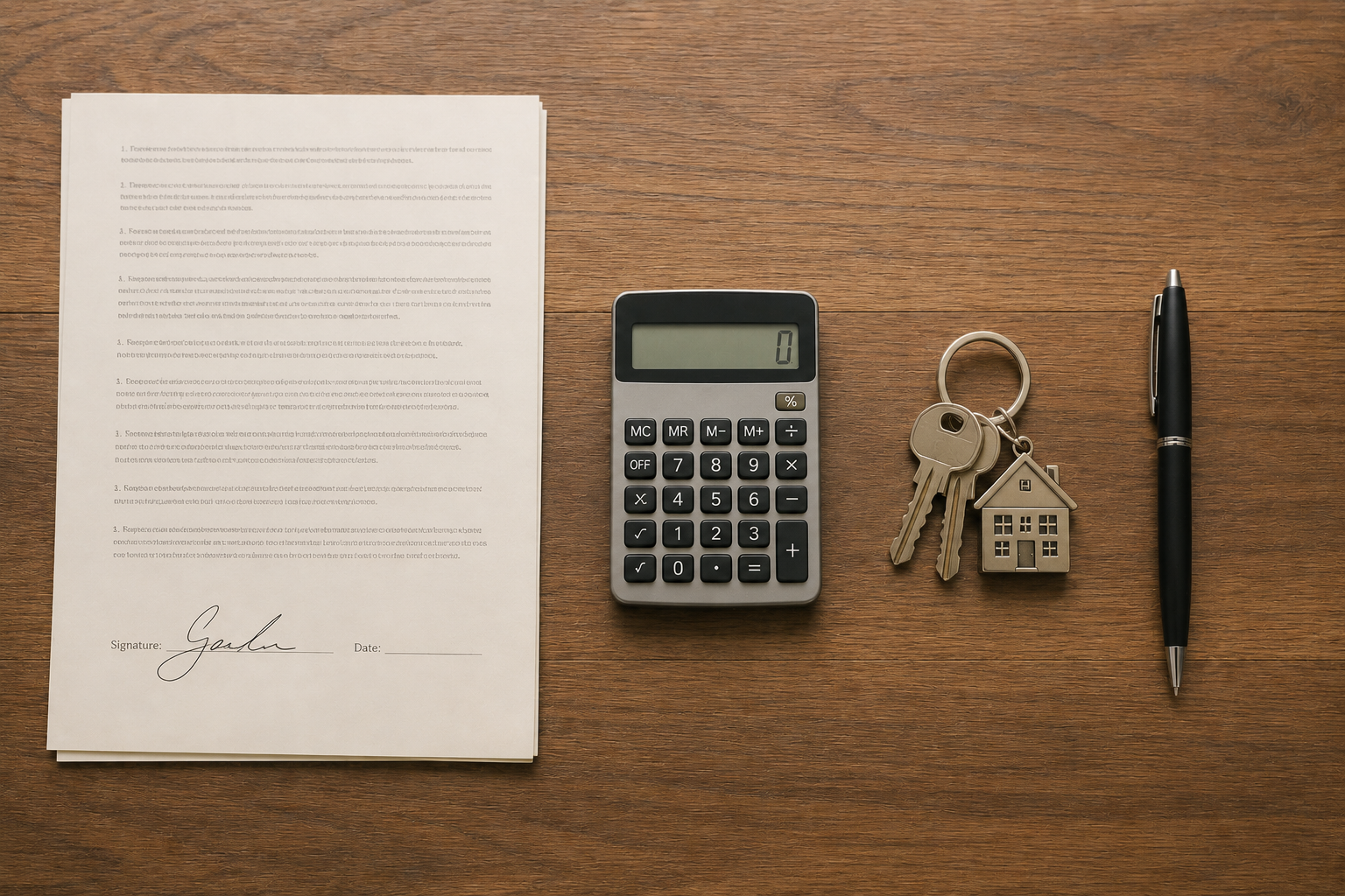 Flat lay of mortgage documents, calculator, and house keys showing the closing process timeline