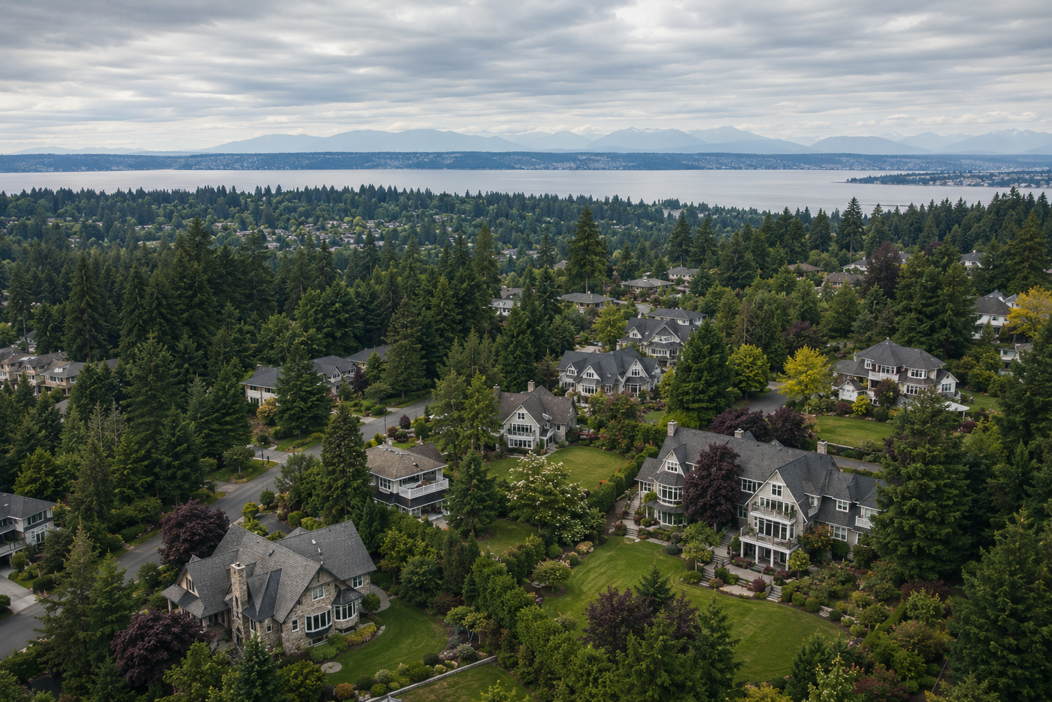 Aerial view of an upscale residential neighborhood in Washington State where jumbo loan financing is commonly required