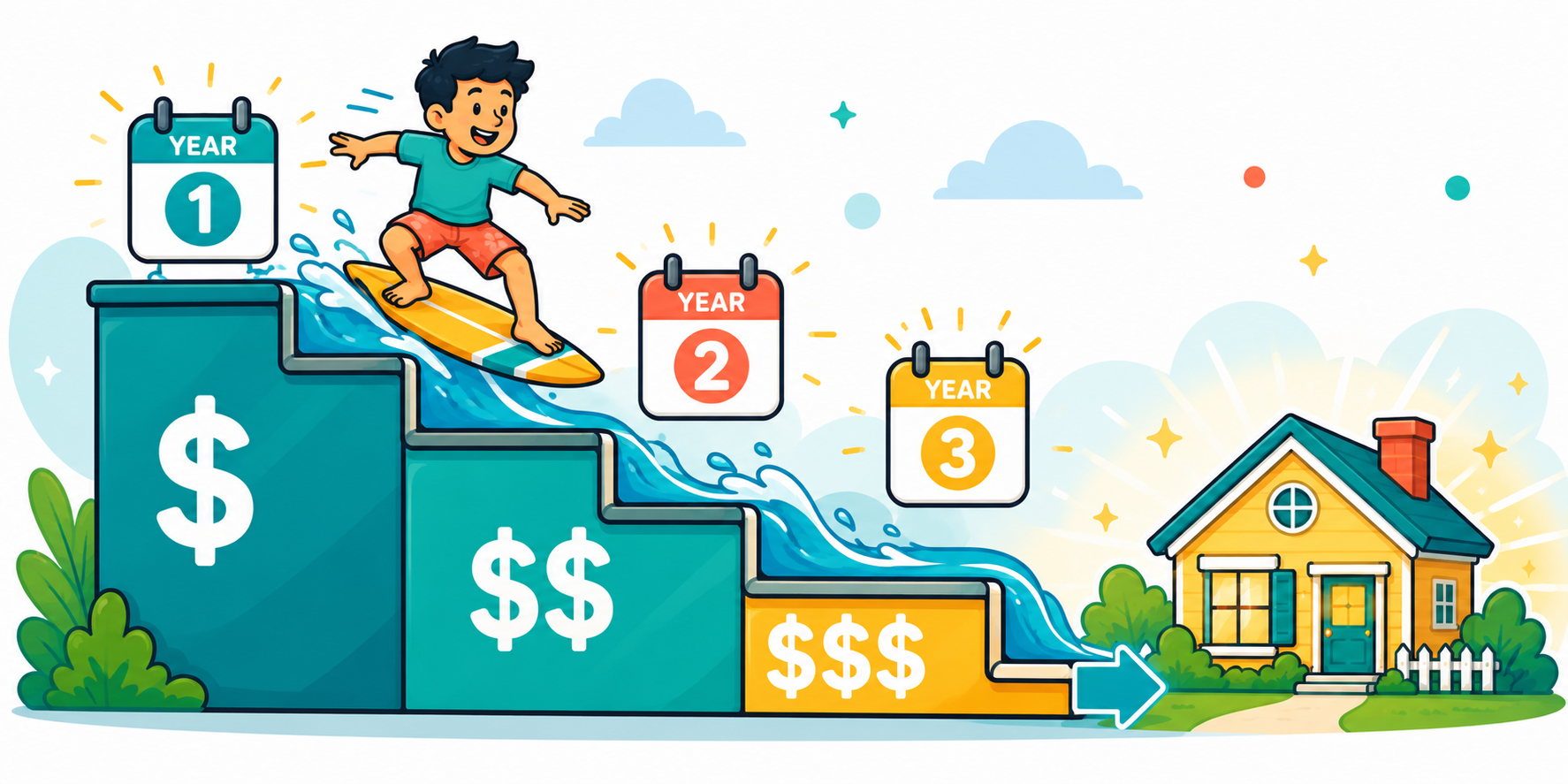Illustrated explanation of how a 2-1 temporary mortgage rate buydown works showing the three-year payment step-up structure and how seller concessions fund the buydown escrow account
