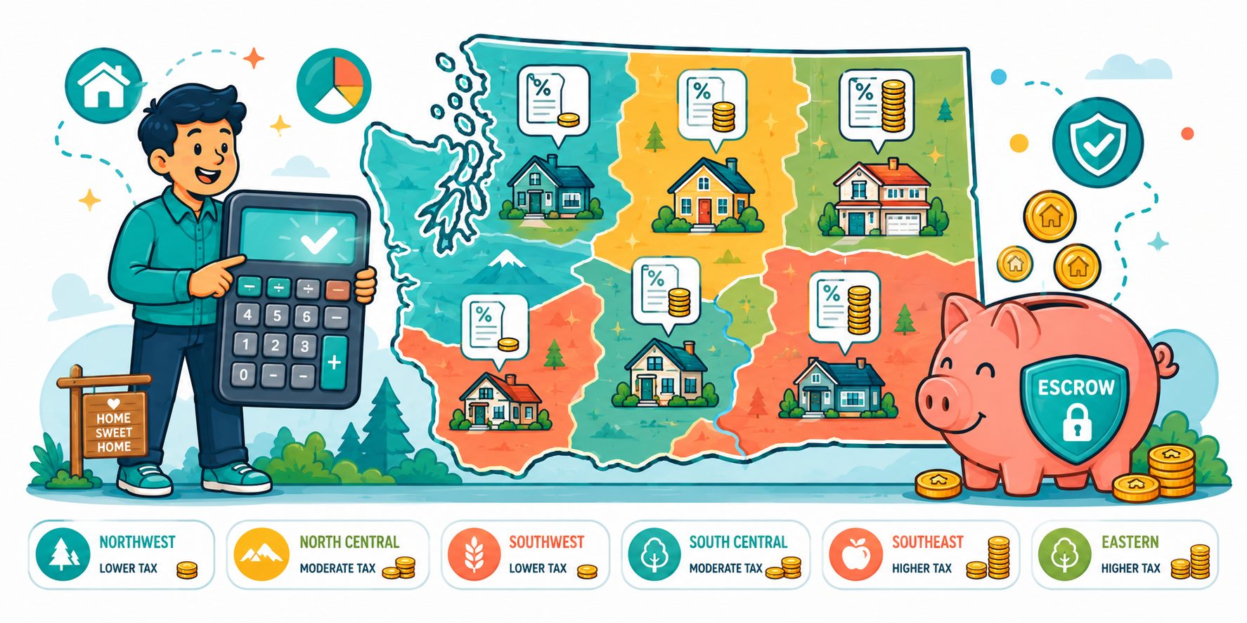 Illustrated guide to property taxes in Washington State for home buyers showing how assessed value and levy rates determine your annual tax bill and how taxes flow through your monthly mortgage escrow payment
