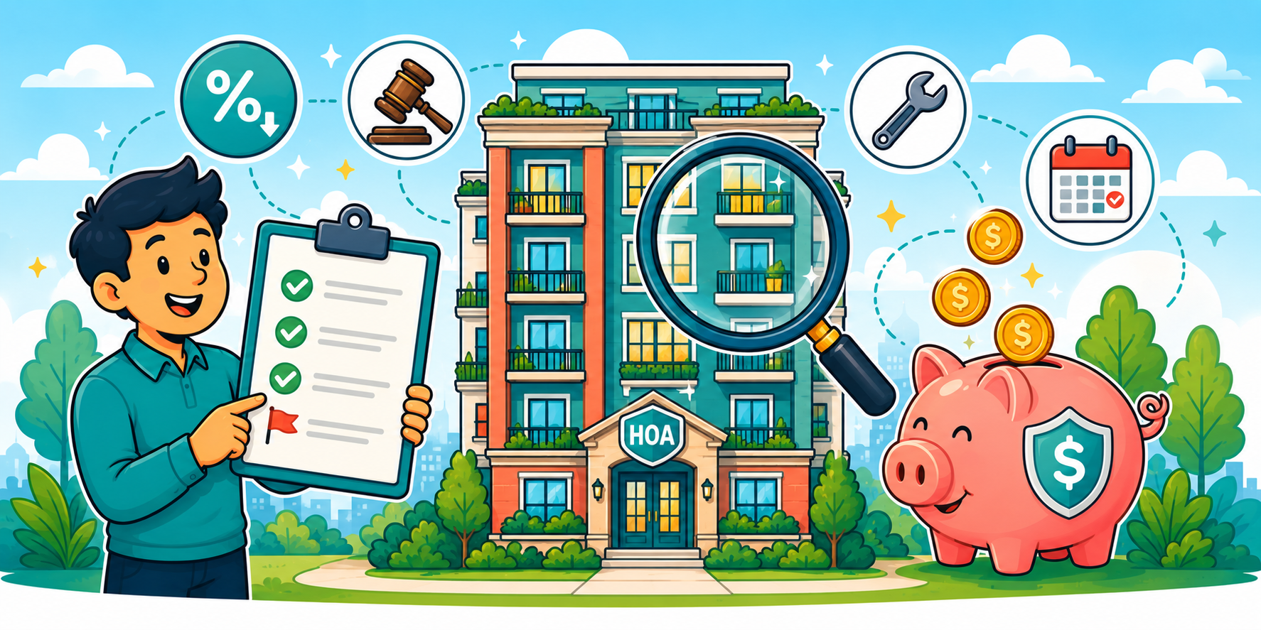 Illustrated guide explaining how HOA fees affect mortgage qualification and DTI for condo buyers in Washington State including warrantable vs non-warrantable condo requirements and HOA financial health checklist