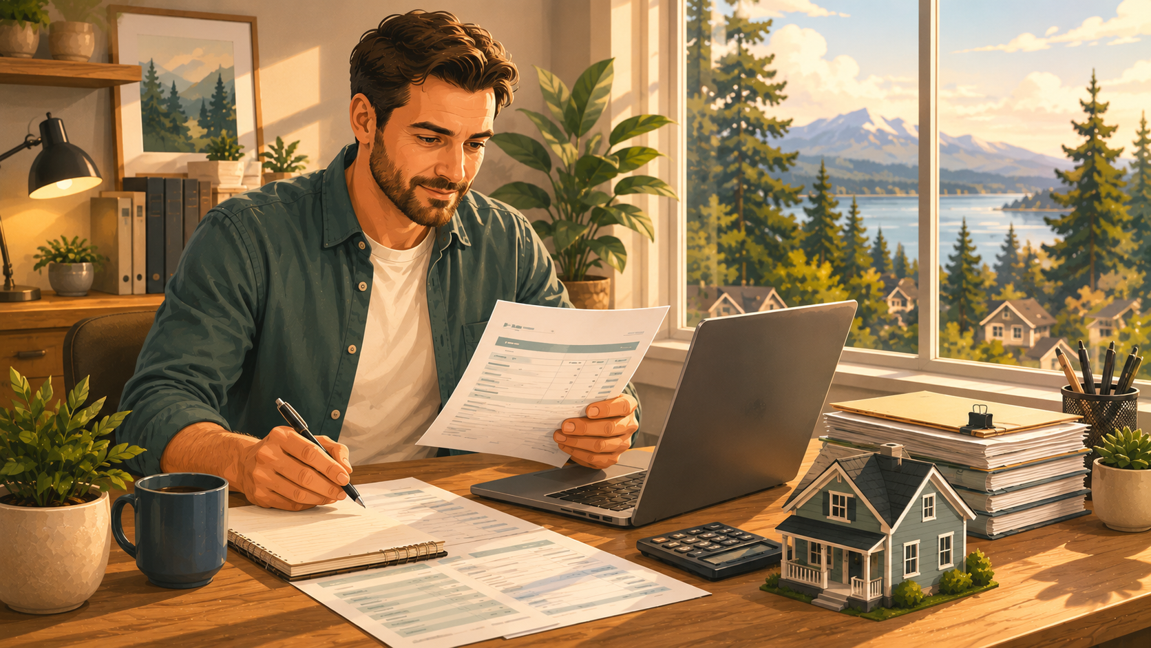 Self-employed home buyer in Washington State reviewing bank statements to qualify for a non-QM bank statement mortgage loan instead of using tax returns