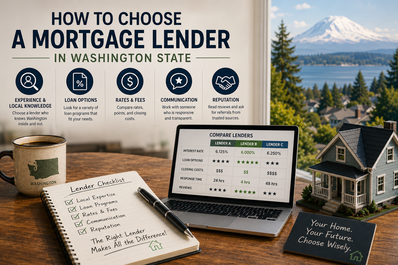 Washington State home buyer comparing mortgage lenders by reviewing three loan estimates side by side to find the best rate APR and closing costs for their situation